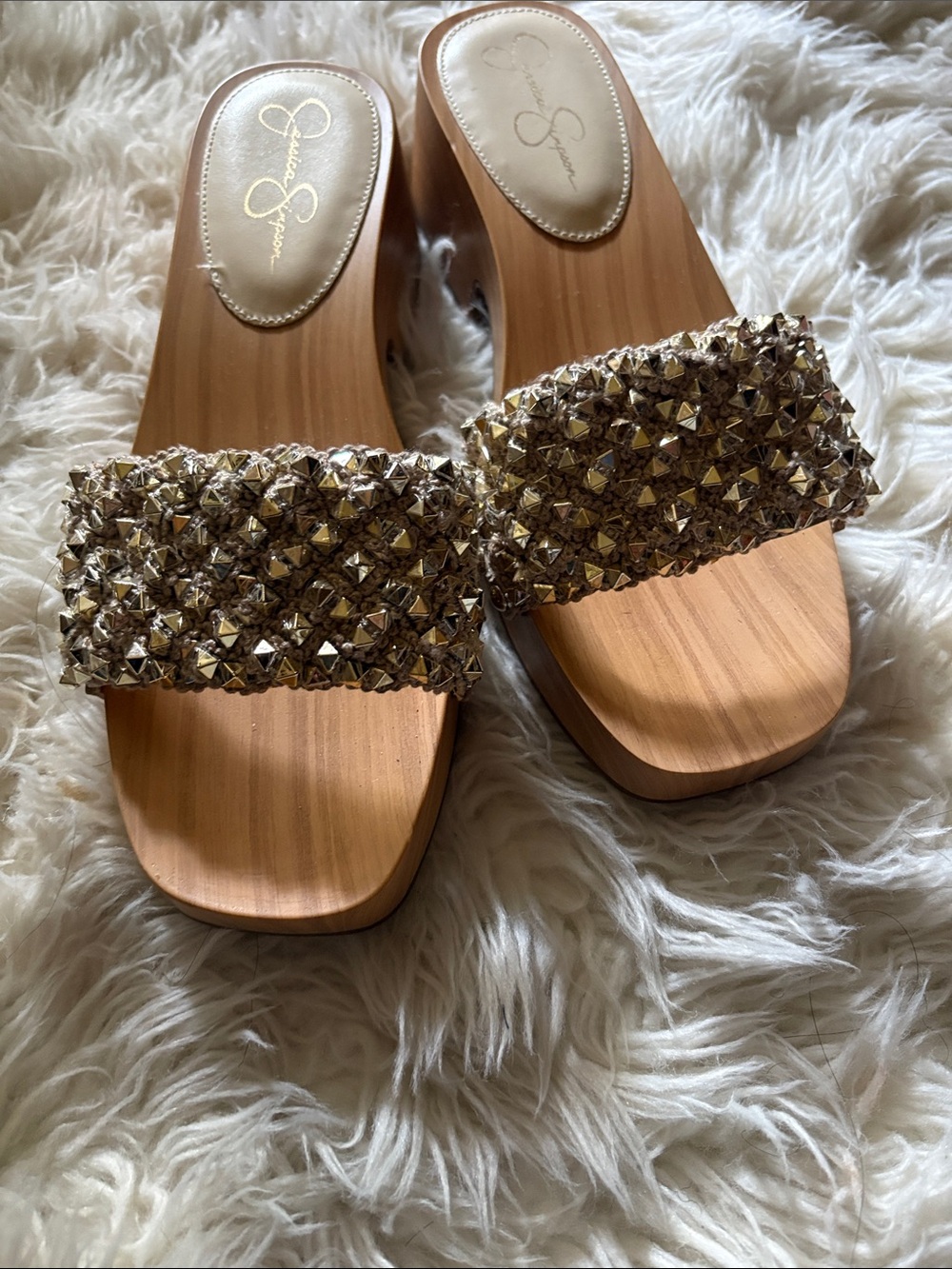 Jessica Simpson Gold Crystal Studded Slide Mules